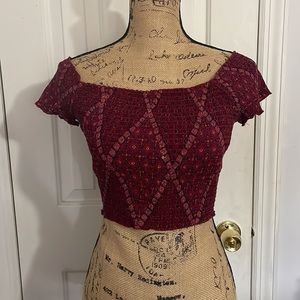 Kendall and Kylie Purple Patterned Off the Shoulder Ruched Crop Top